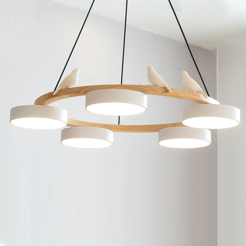 Pendant Chandelier | Round Bird Design & Wood, Resin & Acrylic Accents
