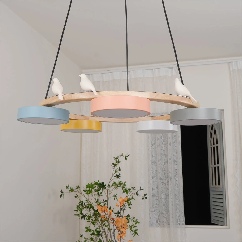 Pendant Chandelier | Round Bird Design & Wood, Resin & Acrylic Accents