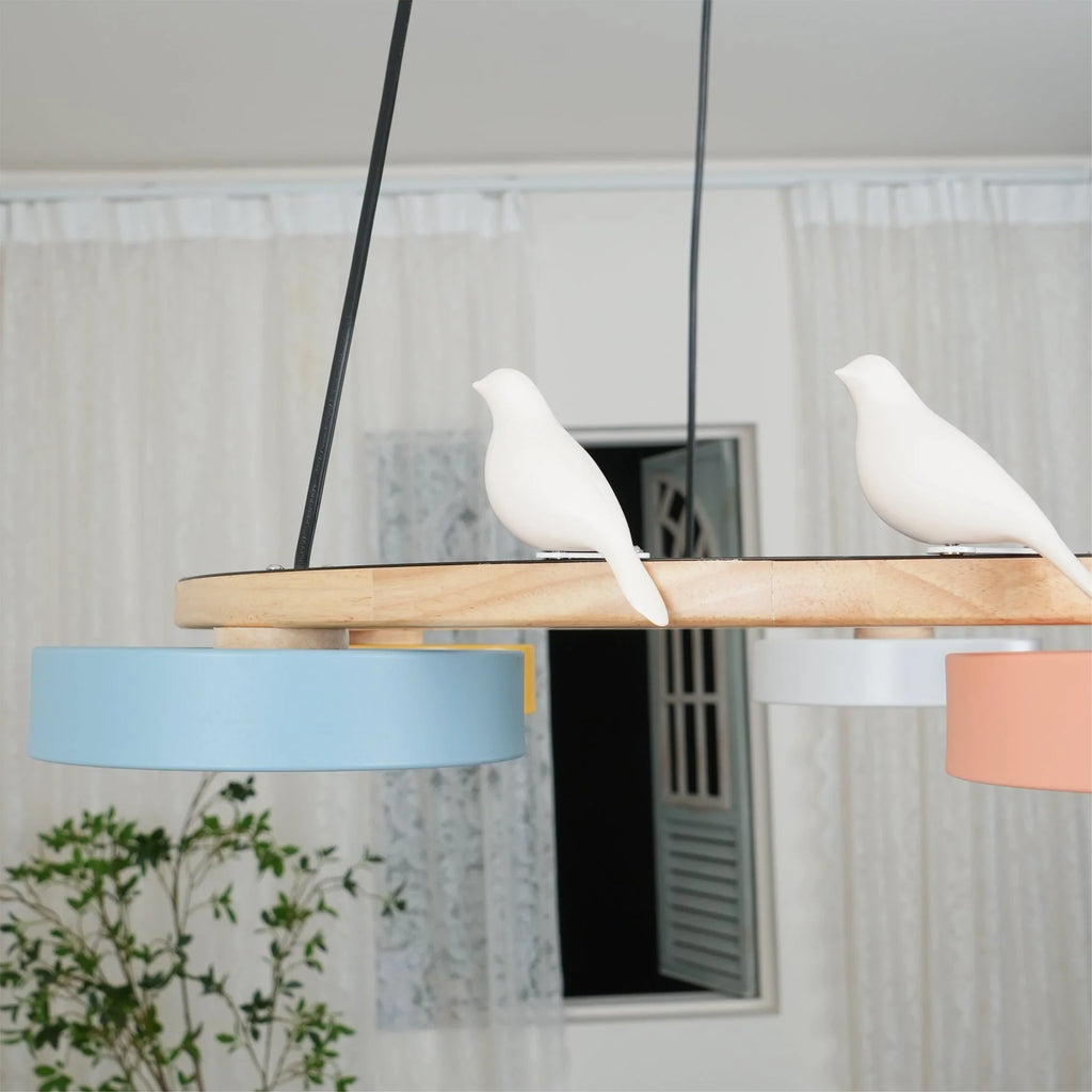 Pendant Chandelier | Round Bird Design & Wood, Resin & Acrylic Accents