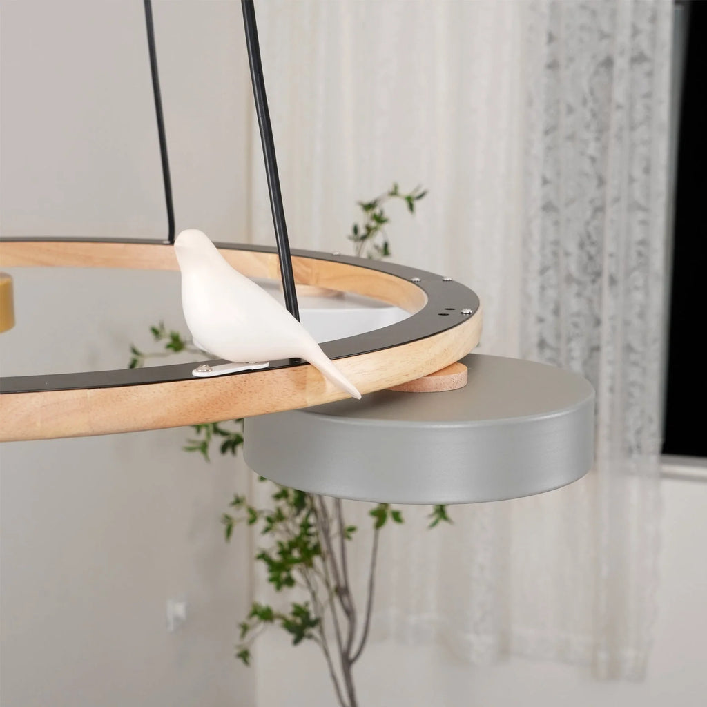Pendant Chandelier | Round Bird Design & Wood, Resin & Acrylic Accents