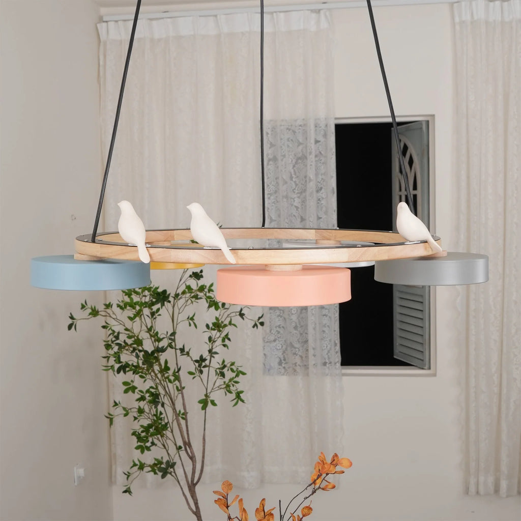 Pendant Chandelier | Round Bird Design & Wood, Resin & Acrylic Accents