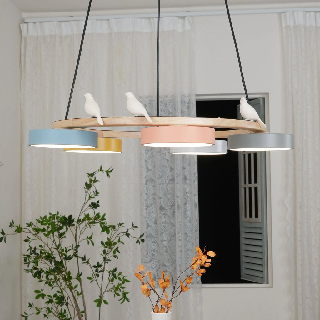 Pendant Chandelier | Round Bird Design & Wood, Resin & Acrylic Accents
