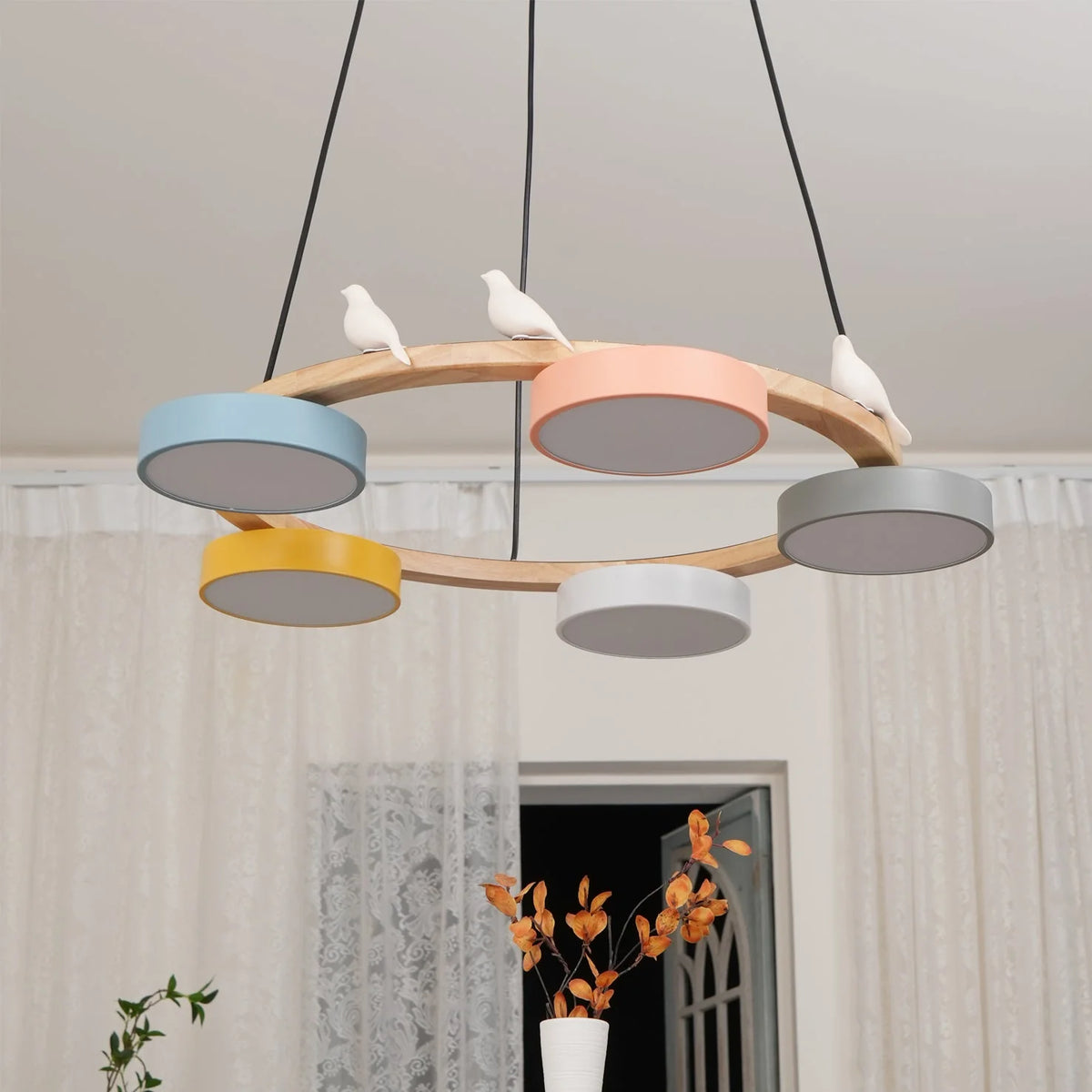 Pendant Chandelier | Round Bird Design & Wood, Resin & Acrylic Accents