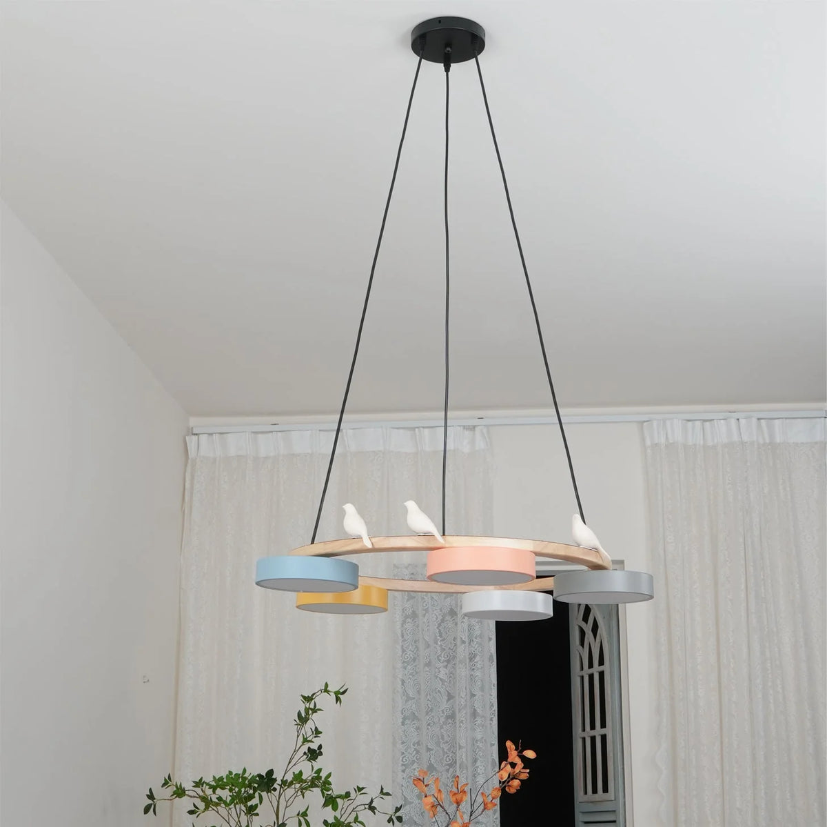 Pendant Chandelier | Round Bird Design & Wood, Resin & Acrylic Accents