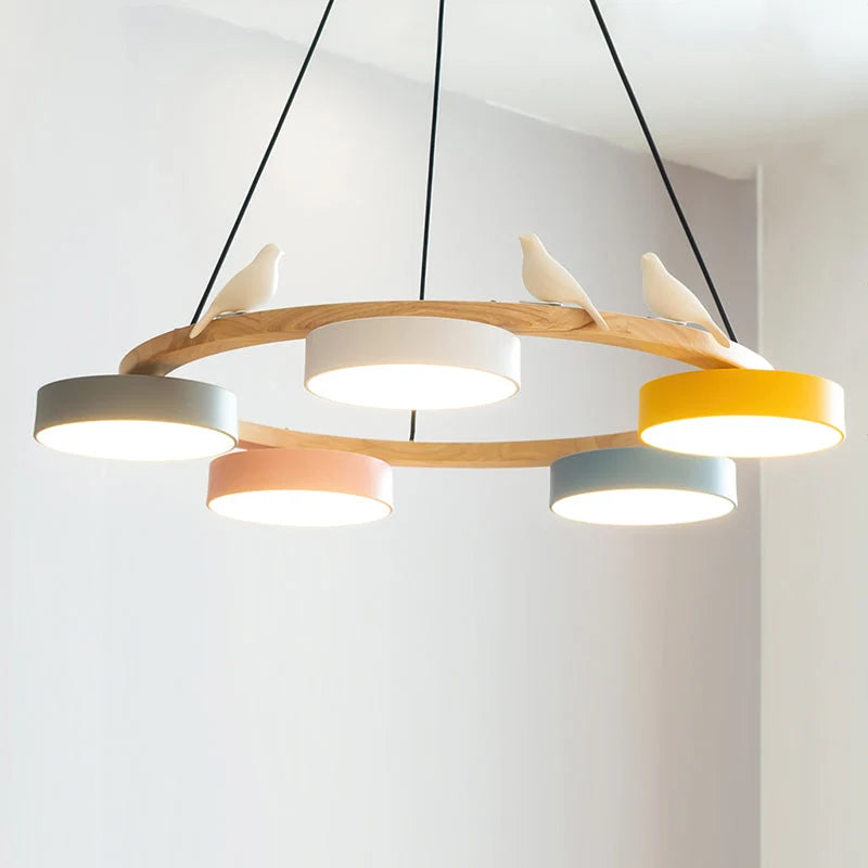 Pendant Chandelier | Round Bird Design & Wood, Resin & Acrylic Accents