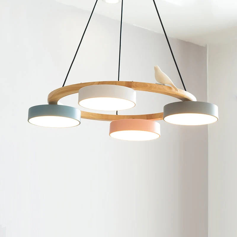 Pendant Chandelier | Round Bird Design & Wood, Resin & Acrylic Accents