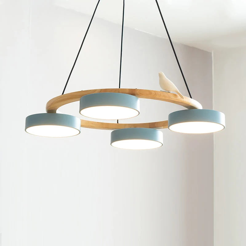 Pendant Chandelier | Round Bird Design & Wood, Resin & Acrylic Accents