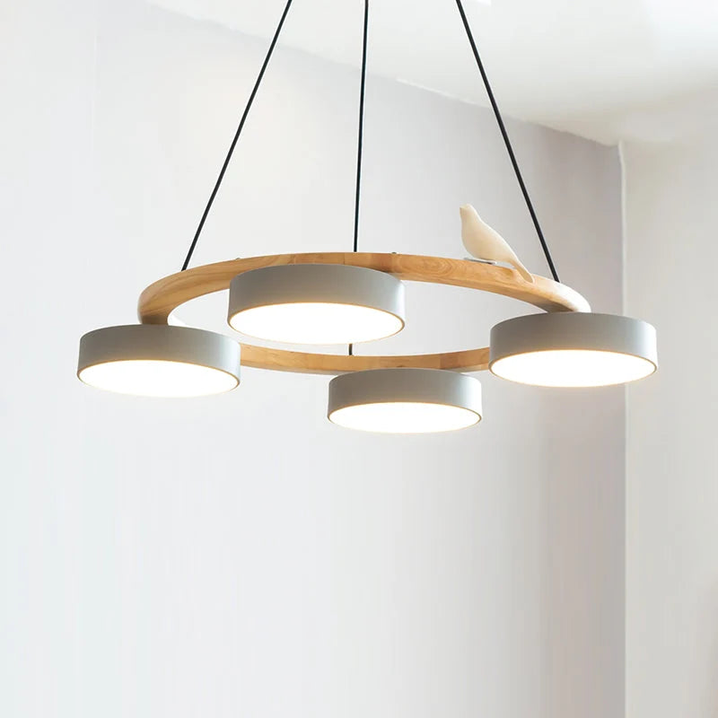 Pendant Chandelier | Round Bird Design & Wood, Resin & Acrylic Accents