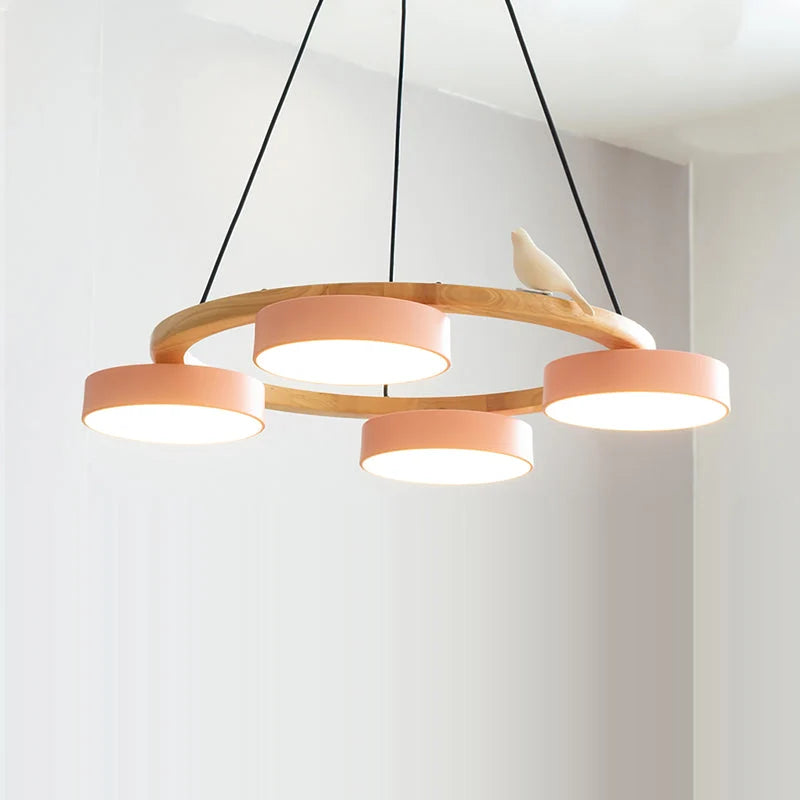 Pendant Chandelier | Round Bird Design & Wood, Resin & Acrylic Accents
