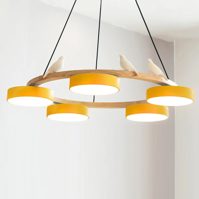 Pendant Chandelier | Round Bird Design & Wood, Resin & Acrylic Accents