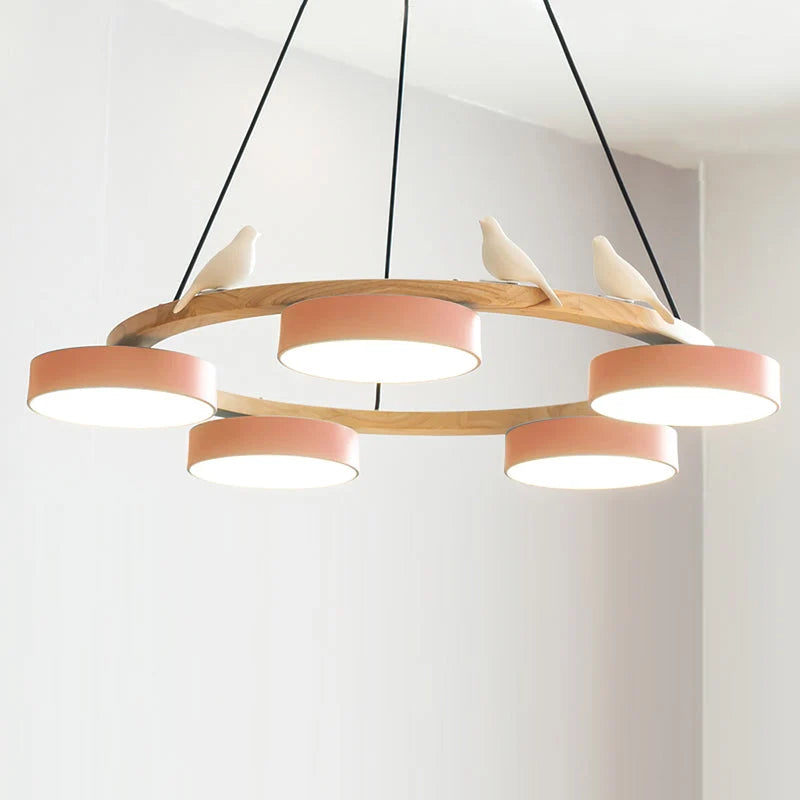 Pendant Chandelier | Round Bird Design & Wood, Resin & Acrylic Accents