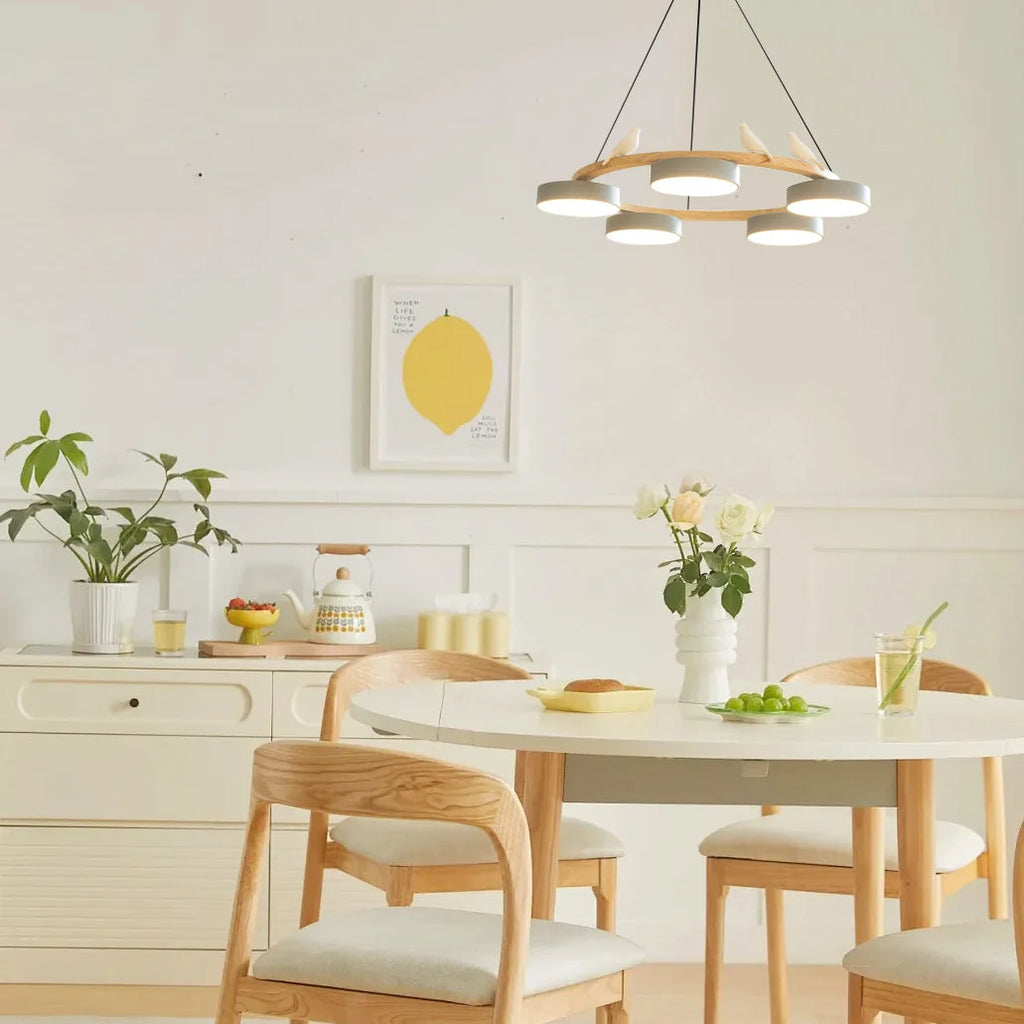 Pendant Chandelier | Round Bird Design & Wood, Resin & Acrylic Accents