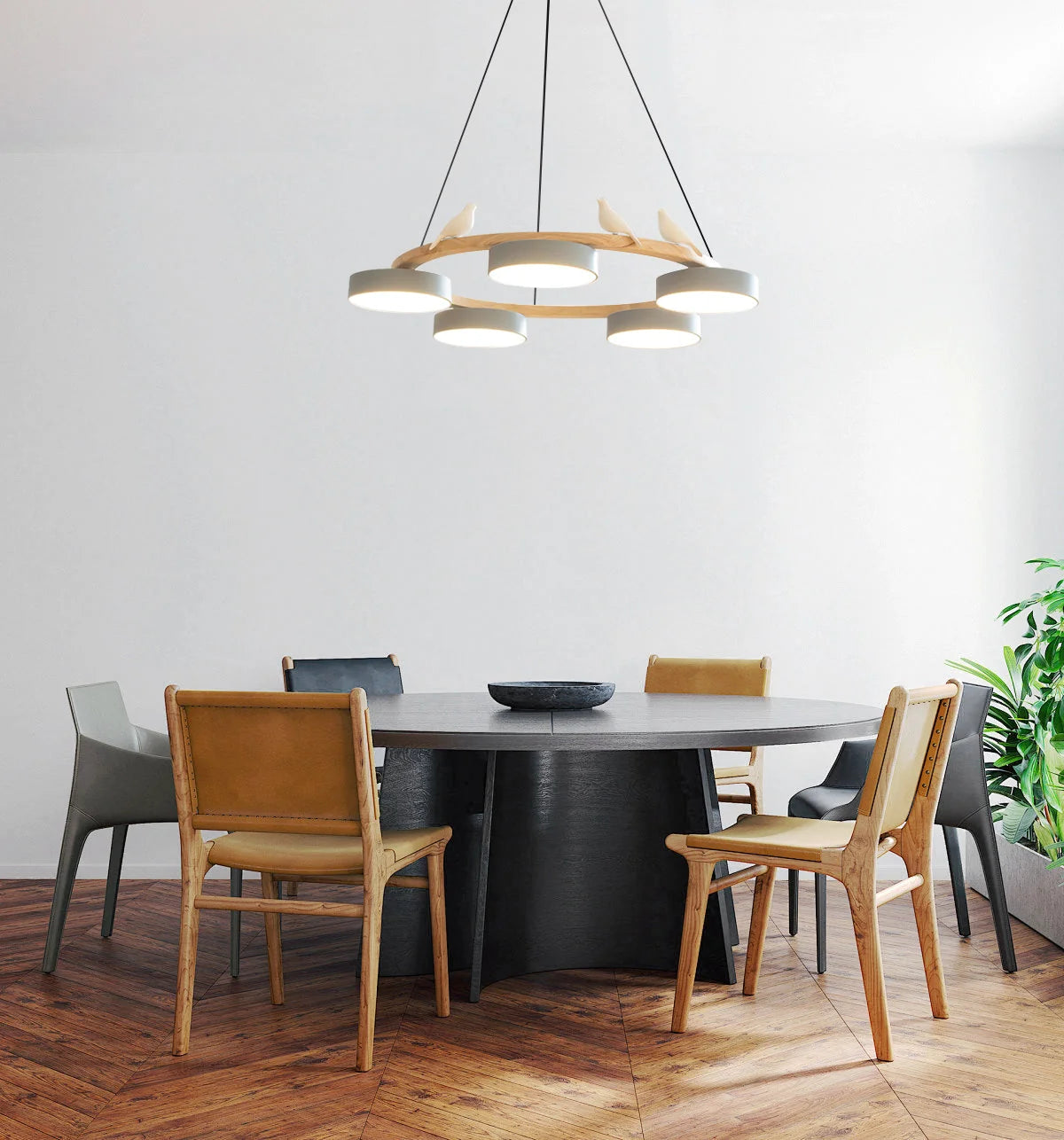 Pendant Chandelier | Round Bird Design & Wood, Resin & Acrylic Accents