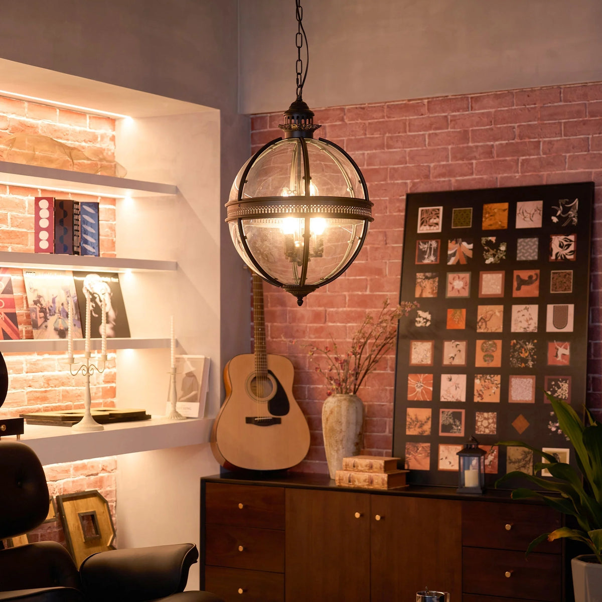 Pendant Lamp | Vintage Spherical Glass & Rust-Colored Metal Frame