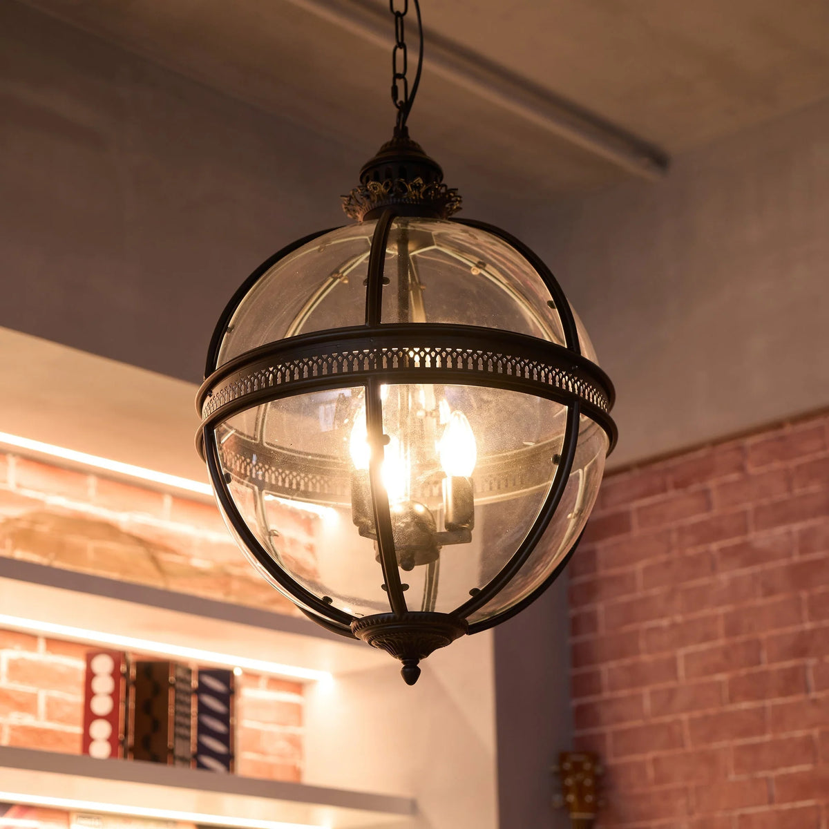 Pendant Lamp | Vintage Spherical Glass & Rust-Colored Metal Frame