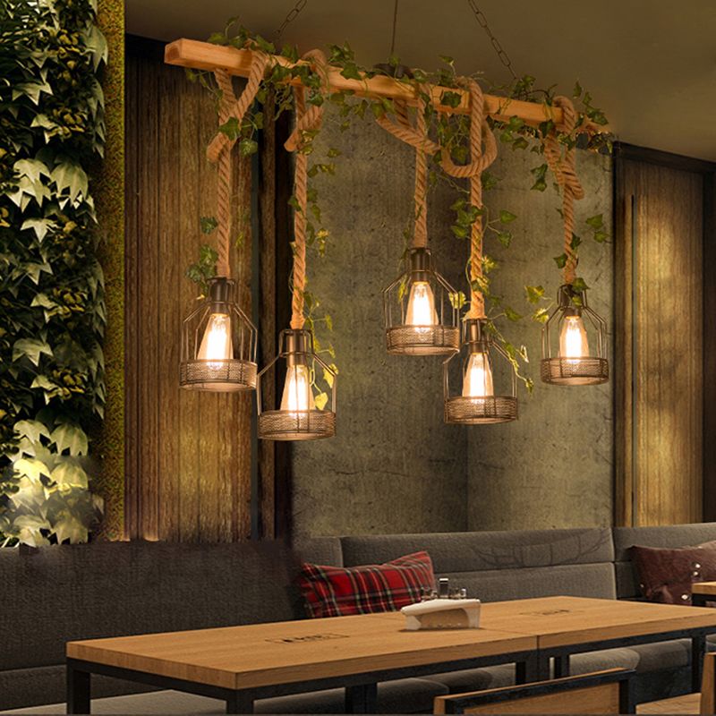 Pendant Light | Caged Wood & Metal & Adjustable Cord | 3/5-Light