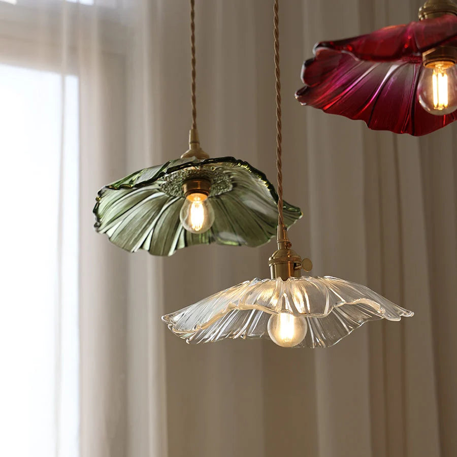 Pendant Light | Flower-Shaped Glass & Brass Accents | Three-Colour Switch
