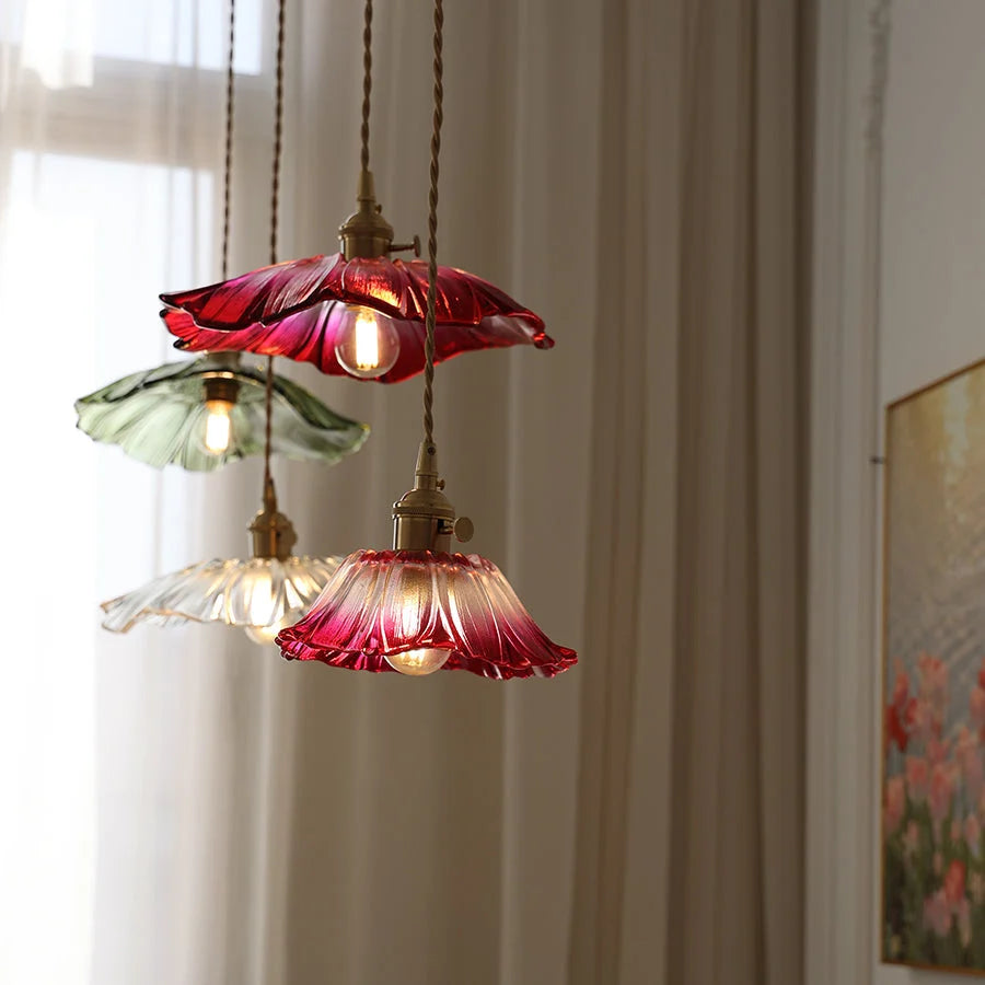 Pendant Light | Flower-Shaped Glass & Brass Accents | Three-Colour Switch