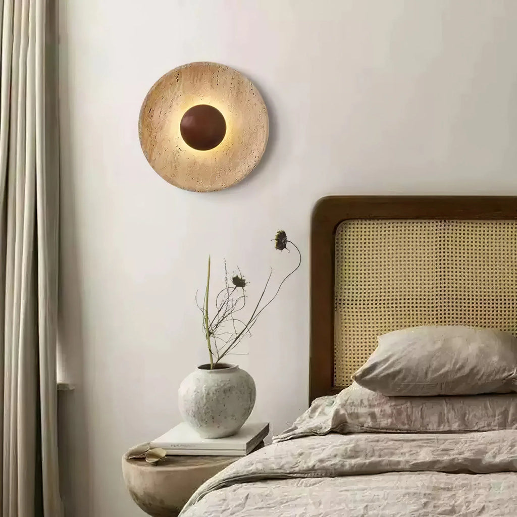 Wall Lamp | Travertine & Wood Halo | 25 cm