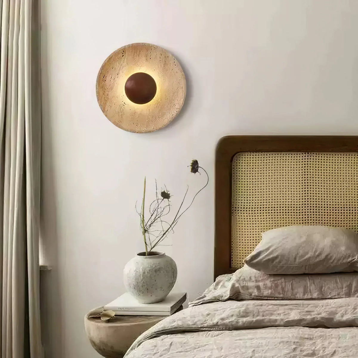 Wall Lamp | Travertine & Wood Halo | 25 cm