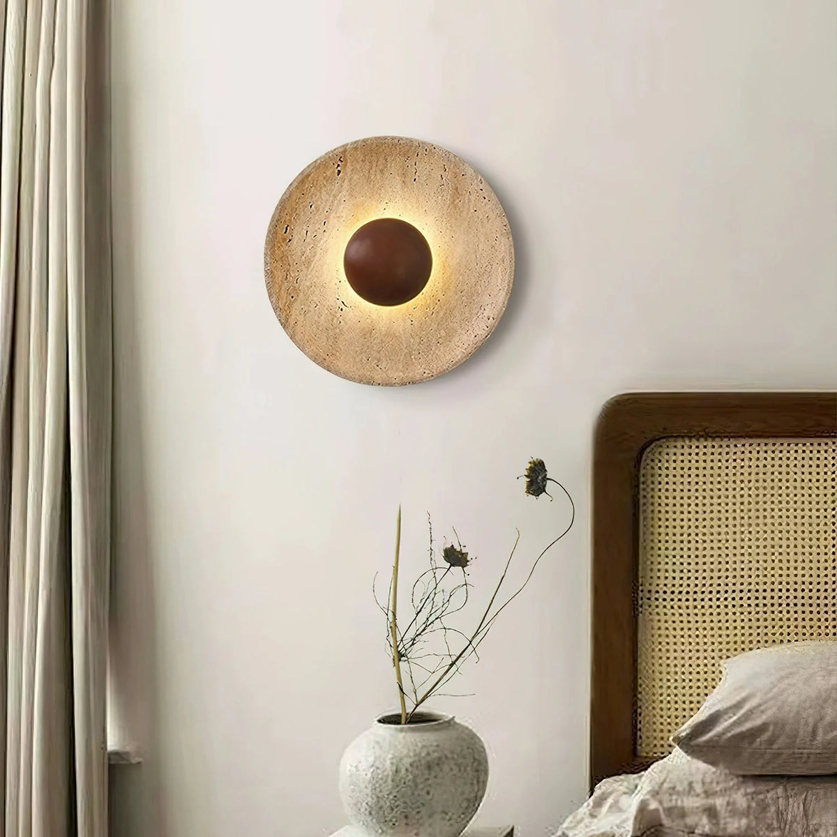 Wall Lamp | Travertine & Wood Halo | 25 cm