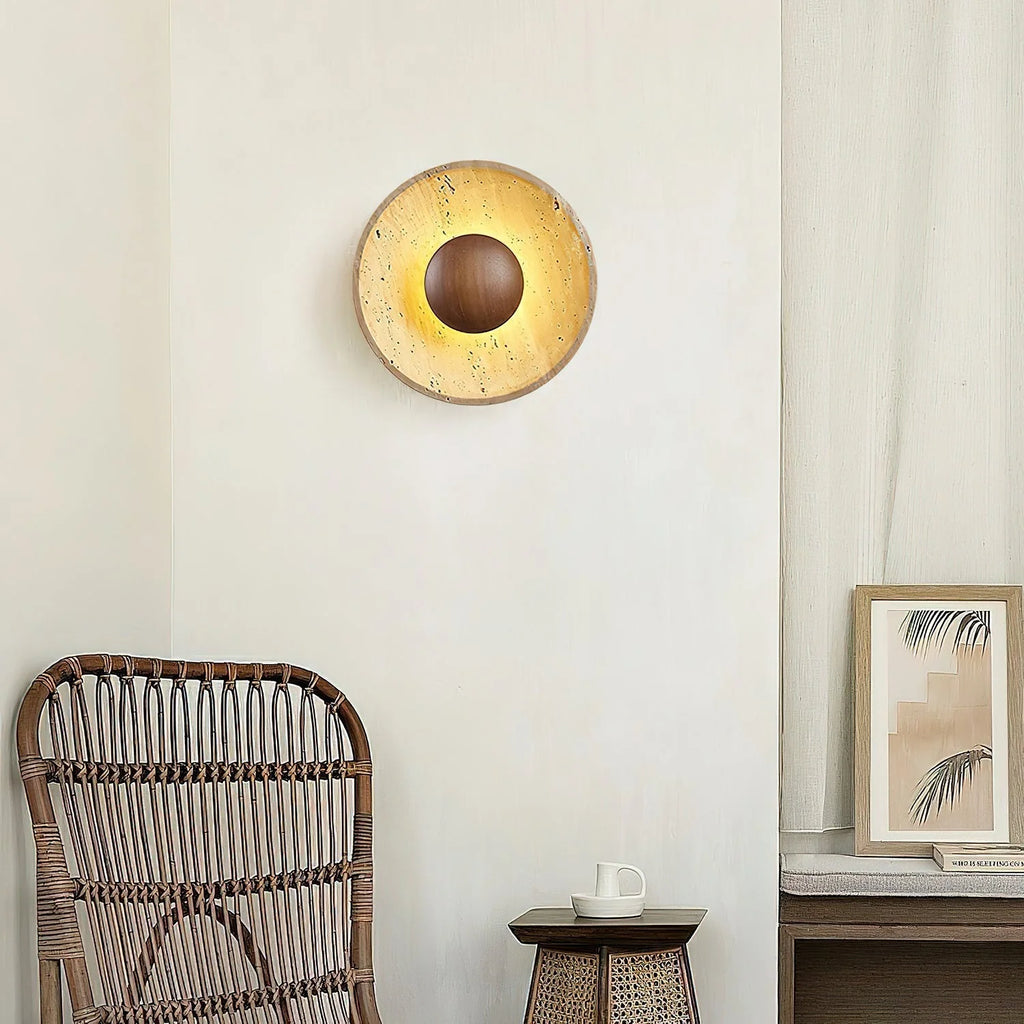 Wall Lamp | Travertine & Wood Halo | 25 cm