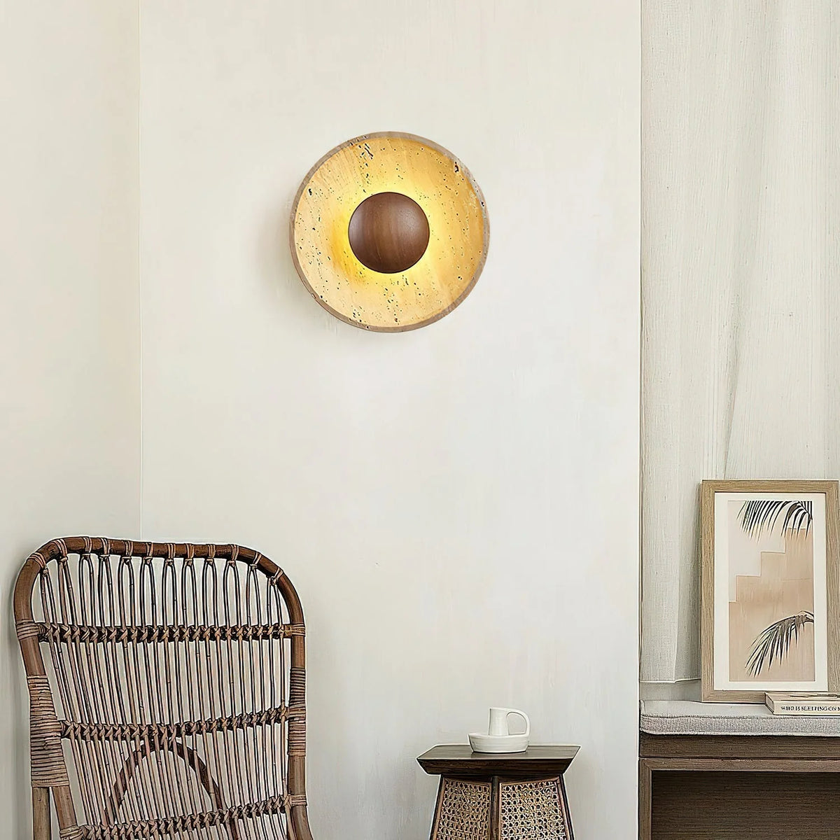 Wall Lamp | Travertine & Wood Halo | 25 cm