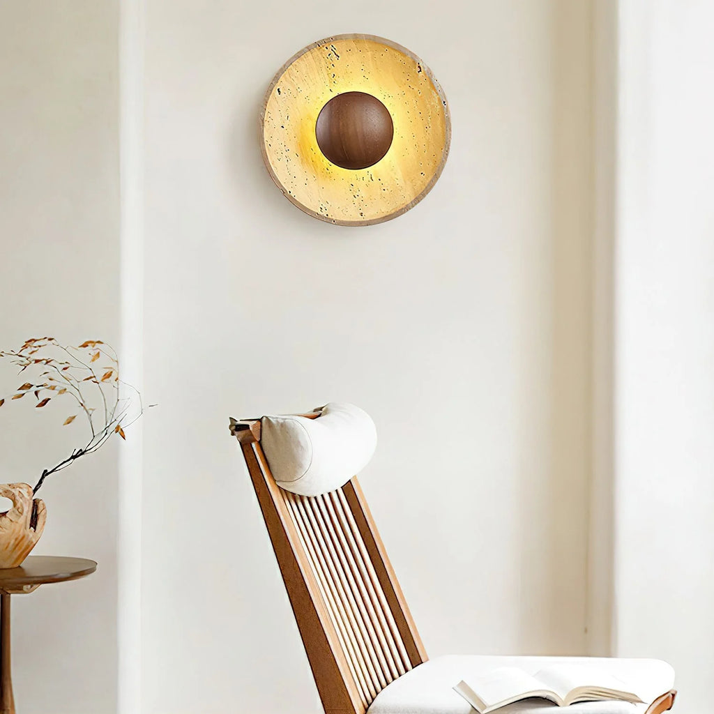 Wall Lamp | Travertine & Wood Halo | 25 cm