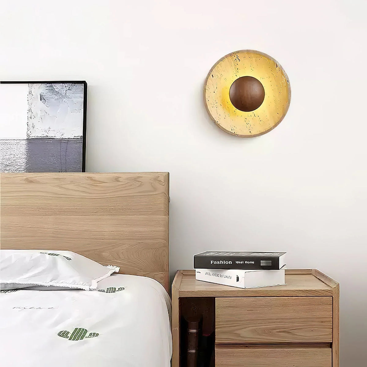Wall Lamp | Travertine & Wood Halo | 25 cm