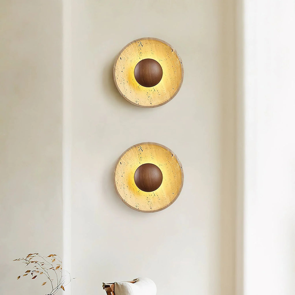 Wall Lamp | Travertine & Wood Halo | 25 cm