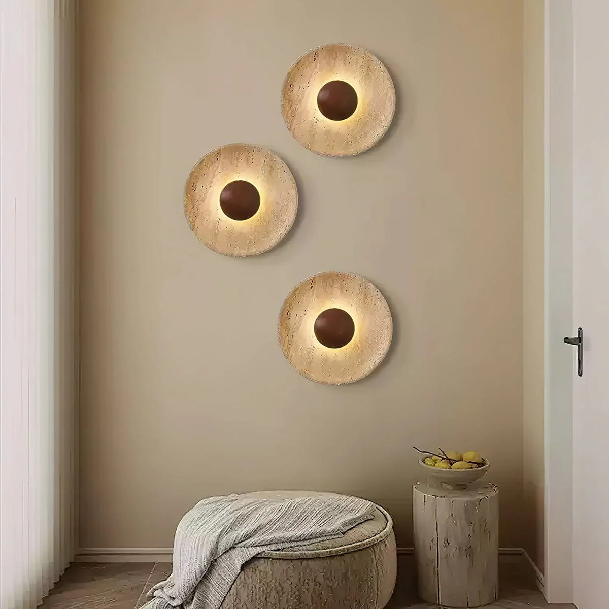 Wall Lamp | Travertine & Wood Halo | 25 cm