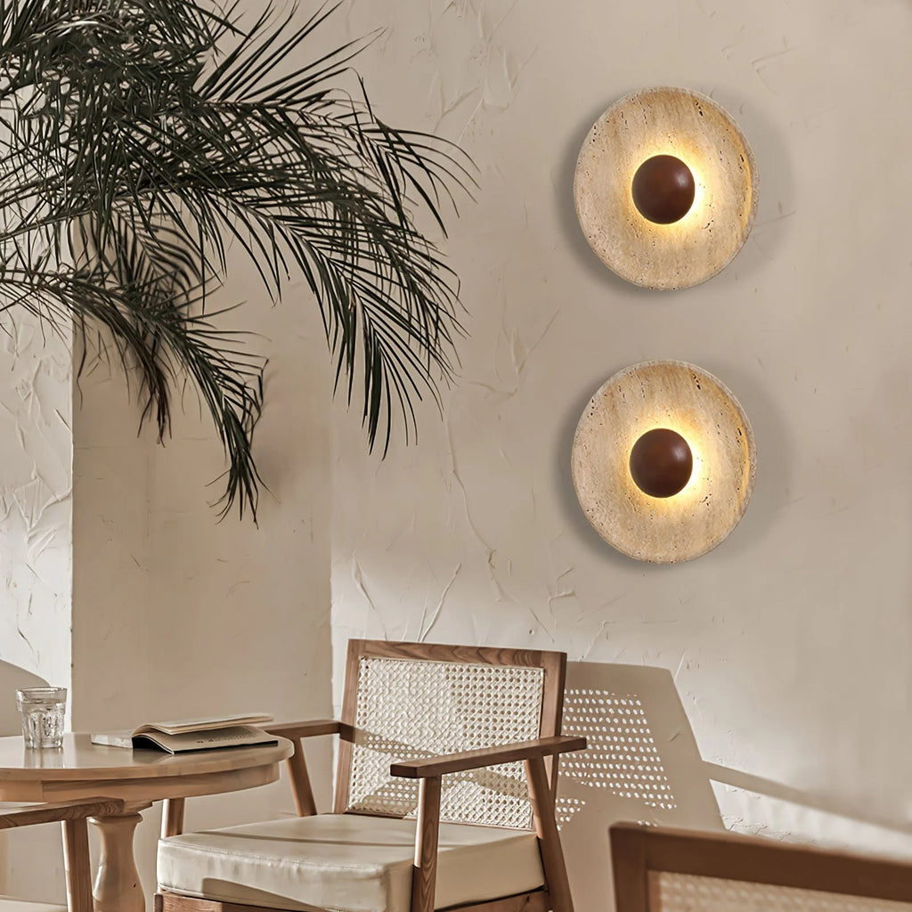 Wall Lamp | Travertine & Wood Halo | 25 cm